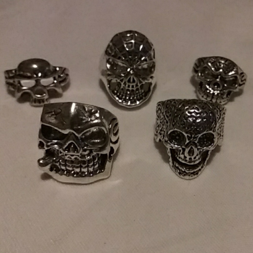 5 Stainless Skull Rings sz 8 Marvel Harley Biker